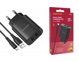 Сетевое зарядное устройство 2USB + кабель MicroUSB BOROFONE BN2 Super Fast 2100mAh (черный)