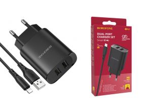 Сетевое зарядное устройство 2USB + кабель Lightning BOROFONE BN2 Super fast 2100mAh (черный)