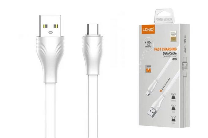 Кабель USB - MicroUSB LDNIO LS551 2.1A медь: 60 жил плоский (белый) 1м