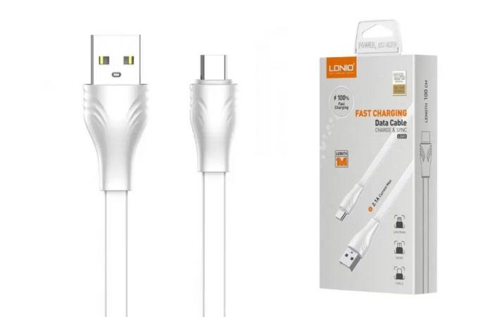 Кабель USB - MicroUSB LDNIO LS551 2.1A медь: 60 жил плоский (белый) 1м