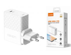 Сетевое зарядное устройство USB + USB-C + кабель Type-C LDNIO PD+QC 4.0 Выход: 3.3-20V, max 40W (белый)