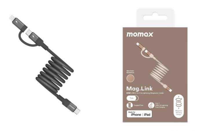 Кабель USB 2 в 1 MOMAX Mag.Link 60W USB-C to USB-C & Lightning Magnetic cable(DL58D) 1M Black