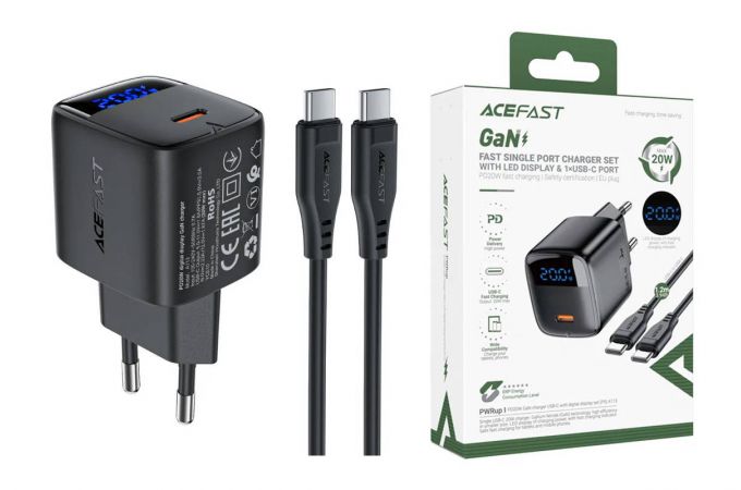 Сетевое зарядное устройство USB-C + кабель Type-C - Type-C ACEFAST A113 PD20W GaN with digital display set (P5)(EU) Black