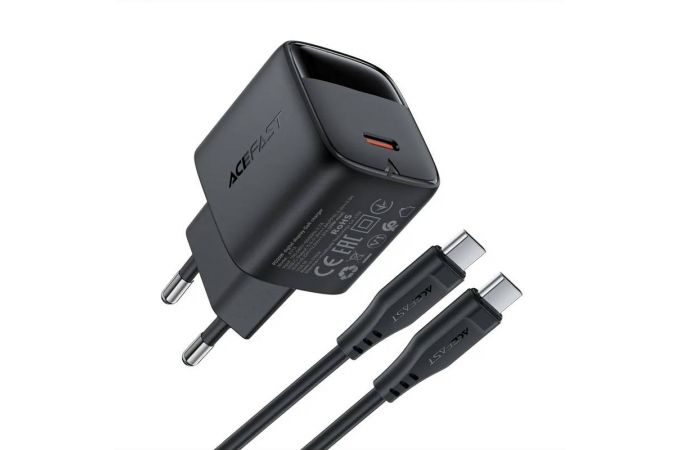 Сетевое зарядное устройство USB-C + кабель Type-C - Type-C ACEFAST A113 PD20W GaN with digital display set (P5)(EU) Black
