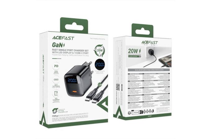 Сетевое зарядное устройство USB-C + кабель Type-C - Type-C ACEFAST A113 PD20W GaN with digital display set (P5)(EU) Black