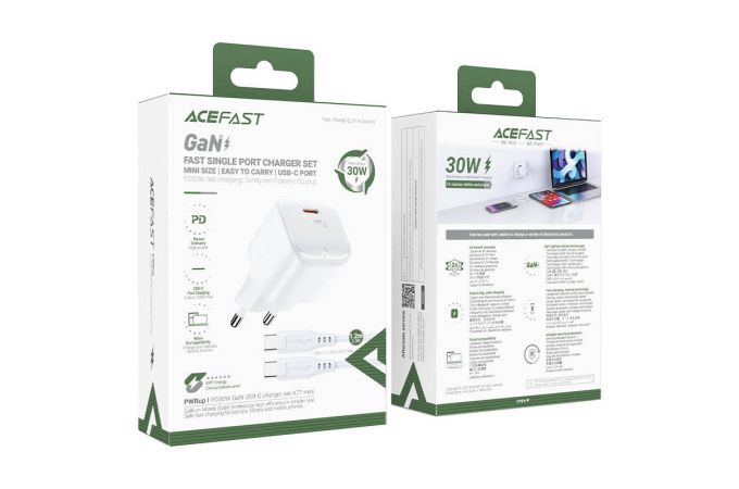 Сетевое зарядное устройство USB-C + кабель Type-C - Type-C ACEFAST A77 mini PD30W GaN Single USB-C Charger set (c3-03) White