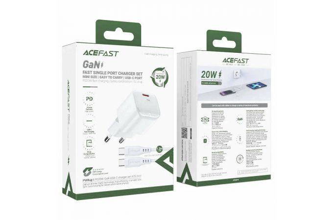 Сетевое зарядное устройство USB-C + кабель Type-C - Type-C ACEFAST A73 mini PD20W GaN Single USB-C Charger Set (c3-03) White
