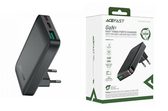 Сетевое зарядное устройство ACEFAST A100 PD65W GaN 2C+A ultra-thin Black