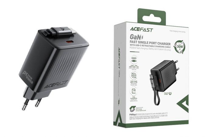 Сетевое зарядное устройство ACEFAST A110 PD30W GaN charger(USB-C+USB-C) with retractable cable, Black (черный)