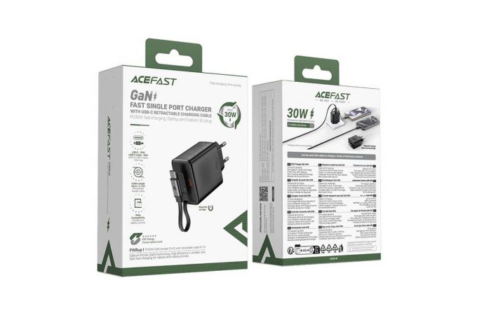 Сетевое зарядное устройство ACEFAST A110 PD30W GaN charger(USB-C+USB-C) with retractable cable, Black (черный)