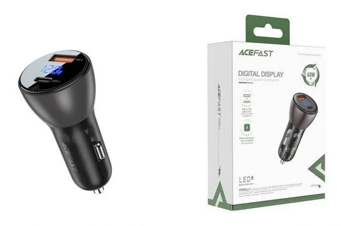 Автомобильное зарядное устройство АЗУ USB + USB-C ACEFAST B6 63W with digital diaplay Transparent Black