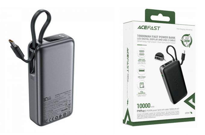Универсальный дополнительный аккумулятор Power Bank ACEFAST M7 PD30W With Cable 10000mAh Black