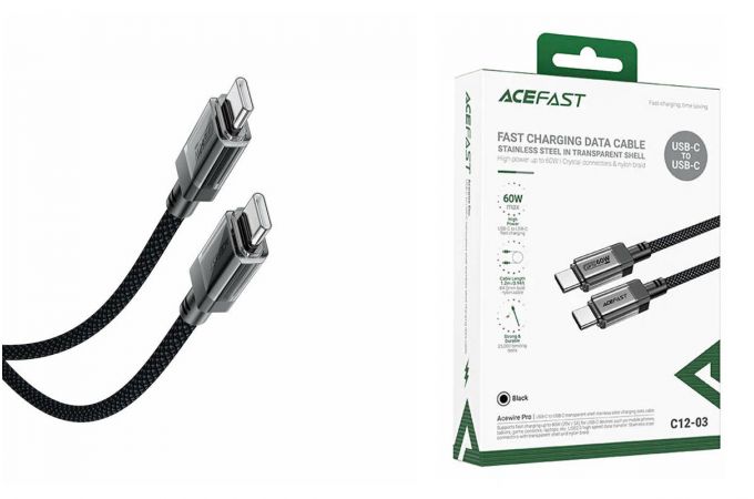 Кабель USB Type-C - USB Type-C ACEFAST C12-03 Transparent Shell Stainless Steel Charging Data Cable Black