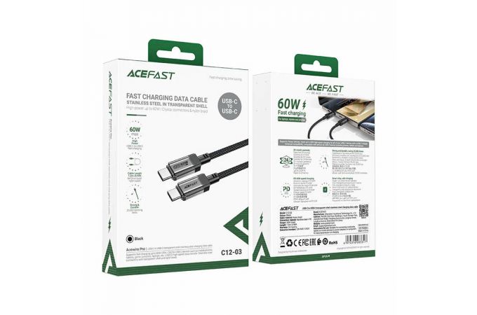 Кабель USB Type-C - USB Type-C ACEFAST C12-03 Transparent Shell Stainless Steel Charging Data Cable Black