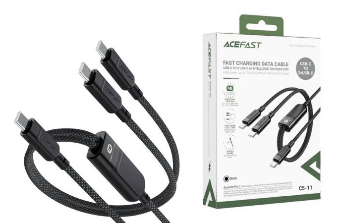 Кабель USB - С 2 в 1 ACEFAST C5-11 100W Intelligent Balance Aluminum Alloy Connectors Charging Data Cable Black