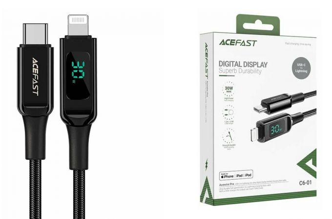 Кабель USB Type-C - Lightning ACEFAST C6-01 zinc alloy digital display braided charging data cable Black (черный)