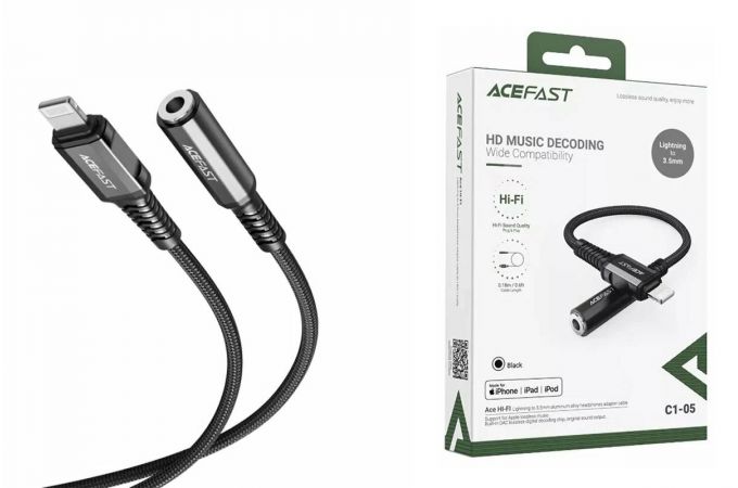 Адаптер для проводной гарнитуры Lightning to 3.5mm ACEFAST C1-05 aluminum alloy head Black