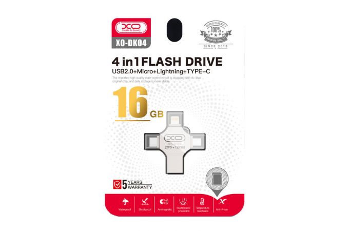 Флешка USB 2.0 XO DK04 4 in 1 OTG (USB2.0+ Micro + Lightning+ TYPE-C) 16GB Silver