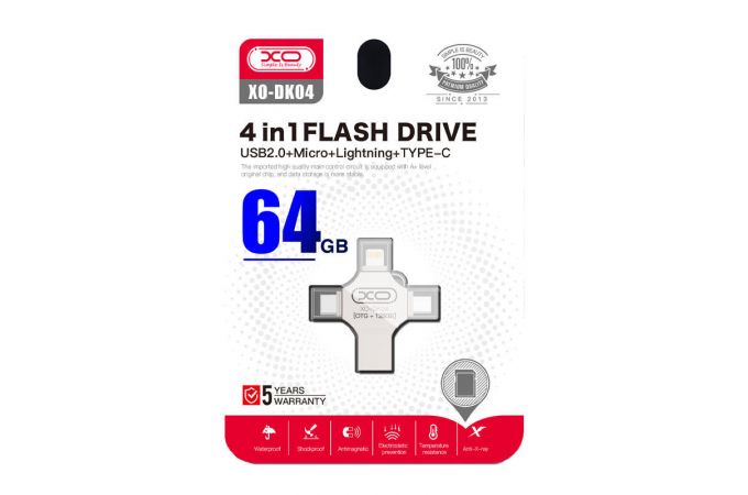 Флешка USB 2.0 XO DK04 4 in 1 OTG (USB2.0+ Micro + Lightning+ TYPE-C) 64GB Silver