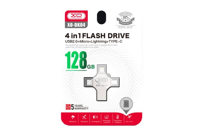 Флешка USB 2.0 XO DK04 4 in 1 OTG (USB2.0+ Micro + Lightning+ TYPE-C) 128GB Silver