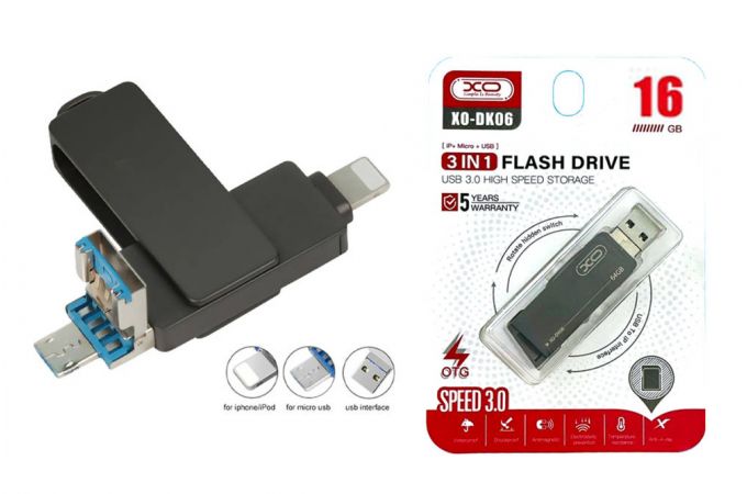 Флешка USB 3.0 XO DK06 3 in 1 OTG (USB3.0 + Lightning +Micro) 16GB Silver