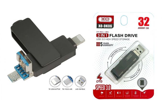 Флешка USB 3.0 XO DK06 3 in 1 OTG (USB3.0 + Lightning +Micro) 32GB Silver