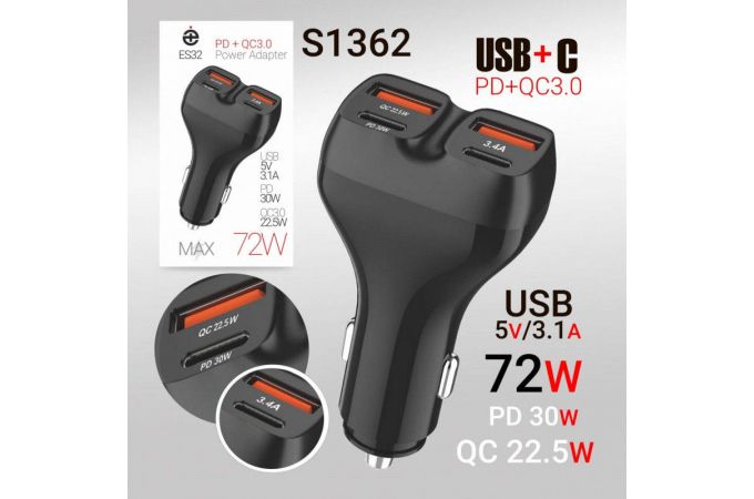 Автомобильное зарядное устройство deespi ES32 2 PD30W + 2 QC3.0  (Black)