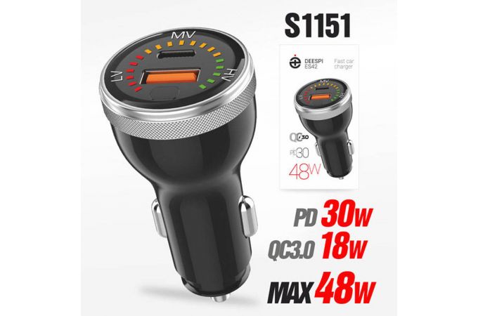 Автомобильное зарядное устройство deespi ES42 2 порта QC3.0 + PD30W (с вольтметром) Black