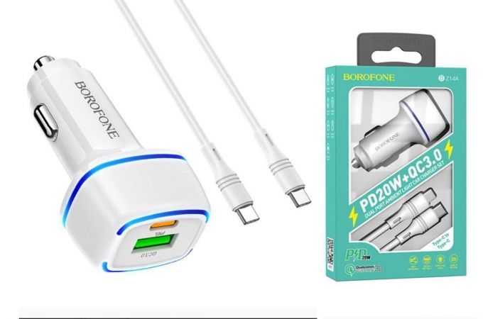 Автомобильное зарядное устройство АЗУ USB + кабель Type-C BOROFONE BZ14A 20W+QC3.0 (белый)