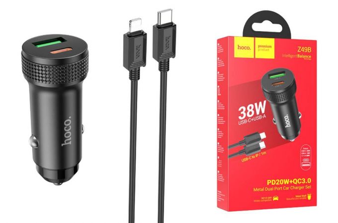Автомобильное зарядное устройство АЗУ USB + USB-C + кабель Lightning HOCO Z49B Level PD38W+QC3.0 (черный)