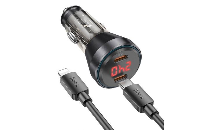 Автомобильное зарядное устройство АЗУ 2USB-C + кабель Lightning HOCO NZ12C PD60W (черный прозрачный)