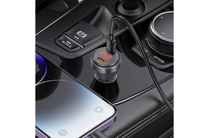 Автомобильное зарядное устройство АЗУ 2USB-C + кабель Lightning HOCO NZ12C PD60W (черный прозрачный)