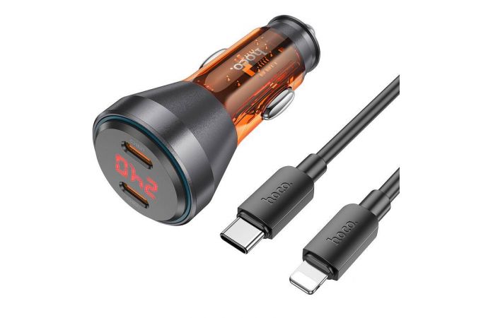 Автомобильное зарядное устройство АЗУ 2USB-C + кабель Lightning HOCO NZ12C PD60W (черный оранжевый)