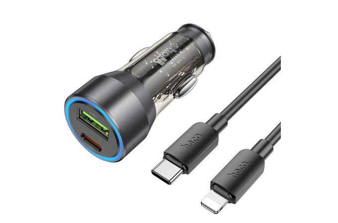 Автомобильное зарядное устройство АЗУ USB + USB-C + кабель Lightning HOCO NZ12A Action PD43W+QC3.0 (черный прозрачный)