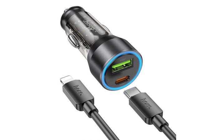 Автомобильное зарядное устройство АЗУ USB + USB-C + кабель Lightning HOCO NZ12A Action PD43W+QC3.0 (черный прозрачный)