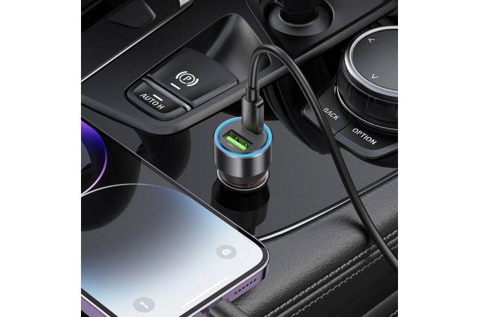 Автомобильное зарядное устройство АЗУ USB + USB-C + кабель Lightning HOCO NZ12A Action PD43W+QC3.0 (черный прозрачный)