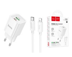 Сетевое зарядное устройство USB + USB-C + кабель Lightning-Type-C HOCO C149A Charm PD30W+QC3.0 (белый)