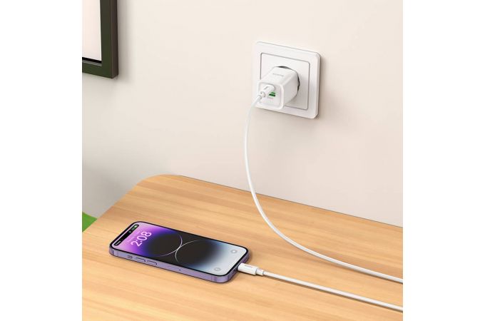 Сетевое зарядное устройство USB + USB-C + кабель Lightning-Type-C HOCO C149A Charm PD30W+QC3.0 (белый)