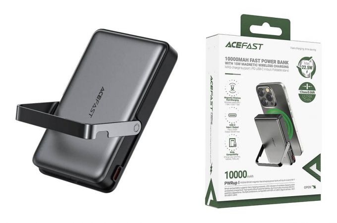 Универсальный дополнительный аккумулятор Power Bank ACEFAST M17 PD20W/22.5W magnetic charging power bank with built-in stand 10000 mAh Black (черный)