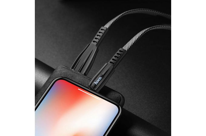 Кабель USB - Lightning HOCO U70, 2,4A (серый) 1,2м (в оплетке, с усилением сгиба, LED индикатор)