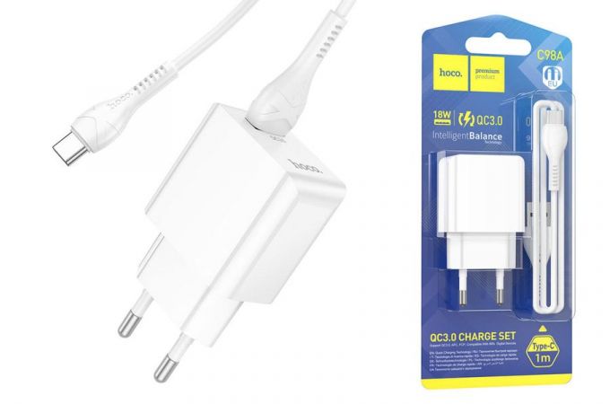 Сетевое зарядное устройство USB + кабель Type-C HOCO C98A QC3.0 (белый)