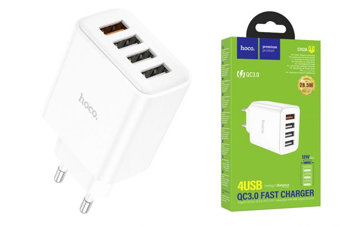 Сетевое зарядное устройство 4USB HOCO Fuerza C102A Fast Charging 3.0 (белый)