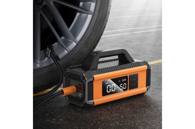 Компрессор автомобильный HOCO QS4 intelligentt air pump (  4 в 1 автокомпрессор , устройство для старта , повербанк 10000 mAh, фонарь )