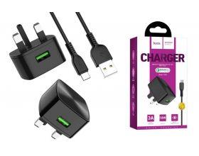 Сетевое зарядное устройство USB + кабель Type-C HOCO C70B single port QC3.0 18W , 3 фазная розетка (черный)