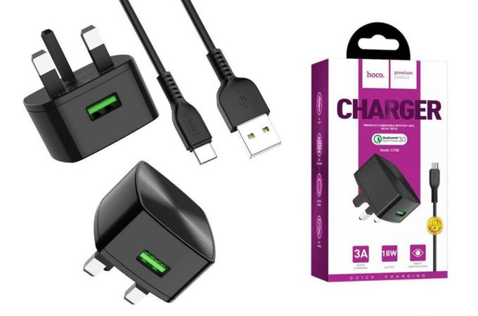 Сетевое зарядное устройство USB + кабель Type-C HOCO C70B single port QC3.0 18W , 3 фазная розетка (черный)