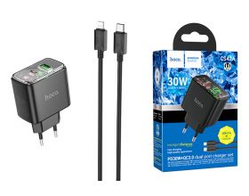 Сетевое зарядное устройство USB + USB-C + кабель Lightning - Type-C HOCO CS42A Smart PD30W + QC3.0 (черный)