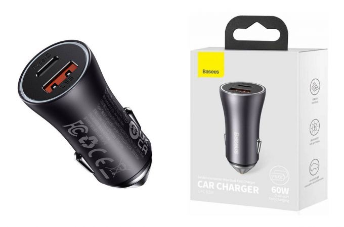 Автомобильное зарядное устройство АЗУ USB + USB-C BASEUS Golden Contactor Max Dual Fast Charger 60W Dark Gray