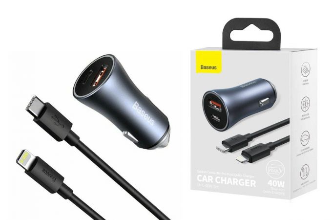 Автомобильное зарядное устройство АЗУ USB + USB-С + кабель Type-C BASEUS Golden Contactor Pro Dual Quick Charger 40W Dark Gray