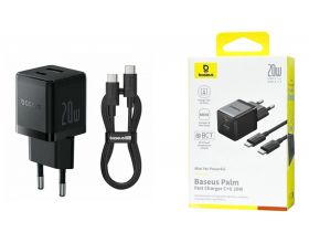 Сетевое зарядное устройство USB + USB-C + кабель Type-C - Type-C BASEUS Palm Fast Charger C+U 20W Cluster Black