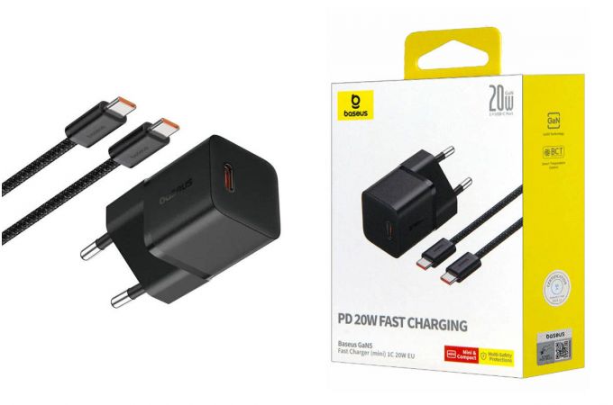 Сетевое зарядное устройство USB-C + кабель Type-C BASEUS GaN5 Fast Charger (mini) 1C 20W Cluster Black